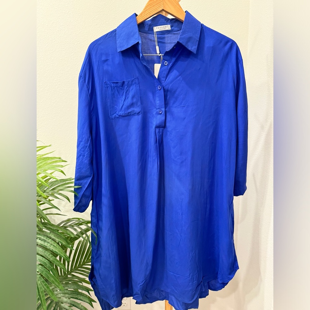 NWT XL cobalt blue lightweight summer half shirt dress minimalist and beach